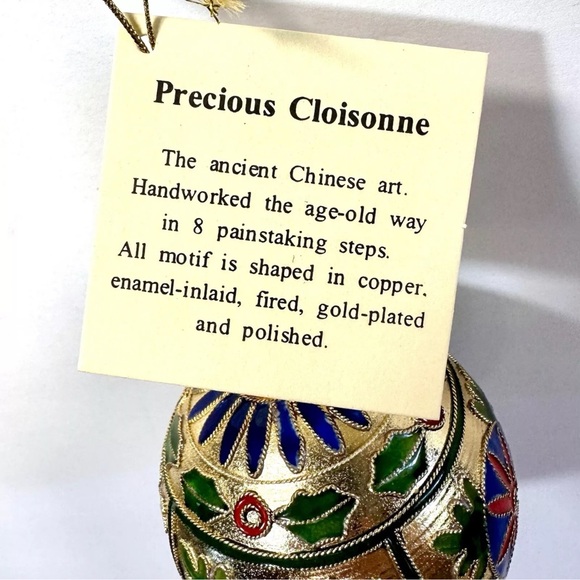 Cloisonné Enamel Ornament Gold Plate Red Blue Green Flower & Holly Artisan Made - Picture 9 of 13